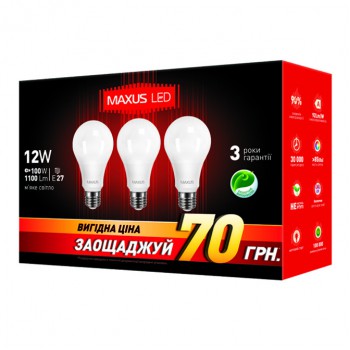 Светодиодная лампа Maxus 3-LED-335-01 A65 12W 3000K 220V E27 AP
